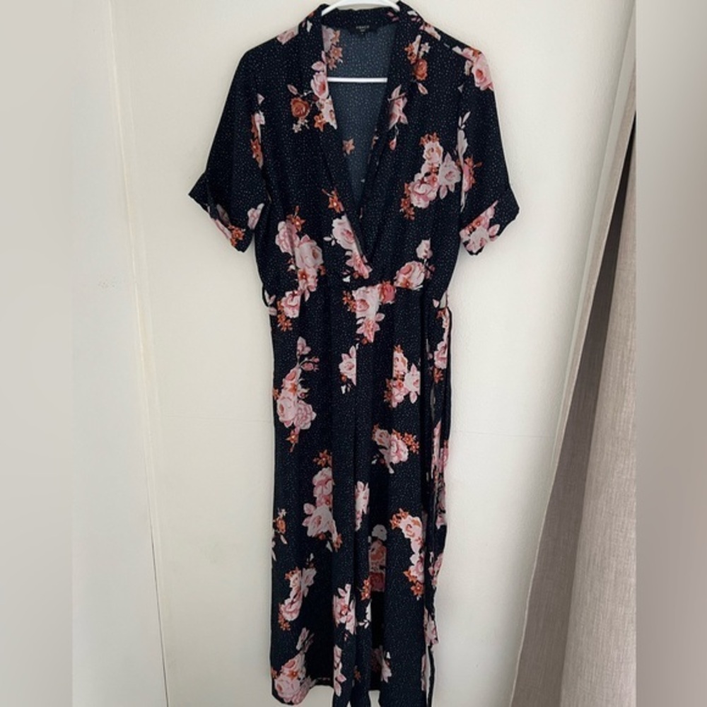 FRNCH Blue and Pink Floral Wide Leg Jumpsuit White Polka Dots with Belt